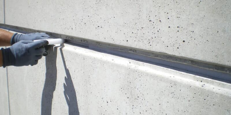 Applying new joint sealant to a commercial concrete building panel.