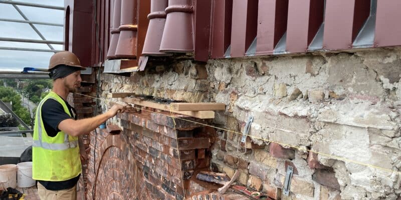 Church steeple restoration repairs at Calvary Baptist Church
