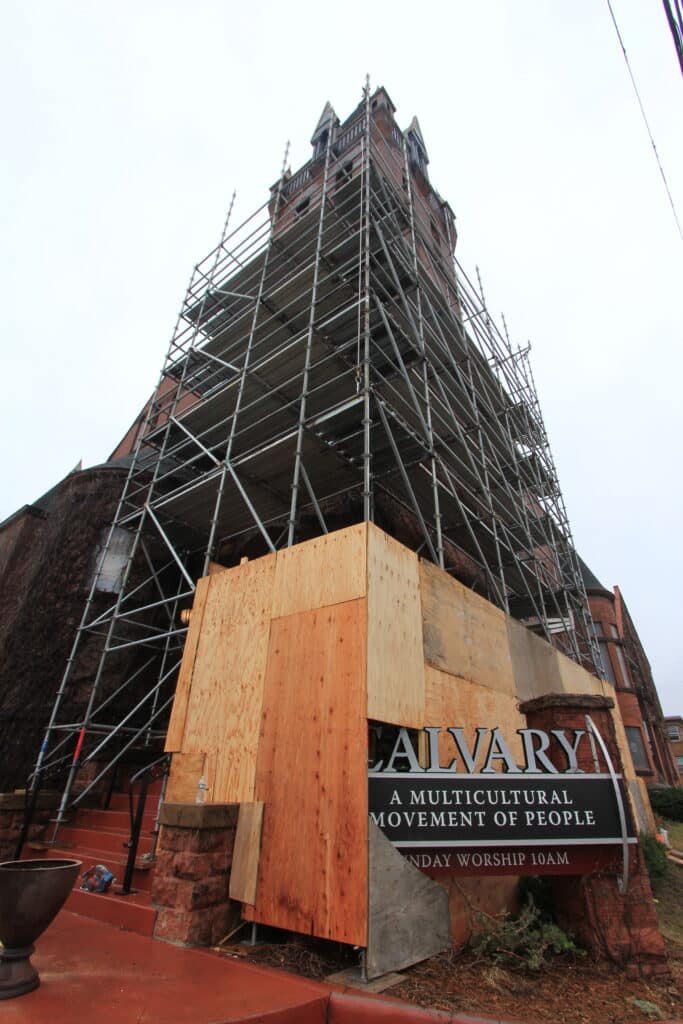 Scaffolding for church steeple restoration