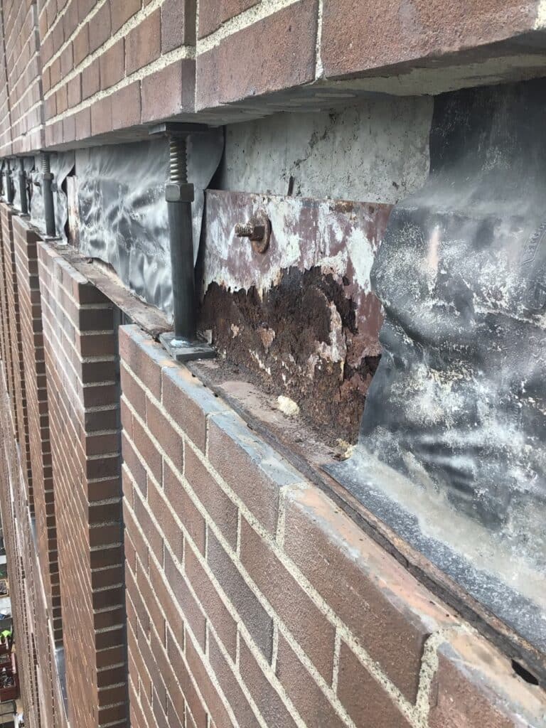 Rusted steel resulting from poorly installed through-wall flashing.